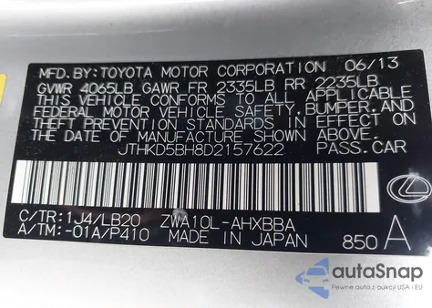 2013 Lexus Ct 200 z USA, uszkodzony, nr VIN JTHKD5BH8D2157622